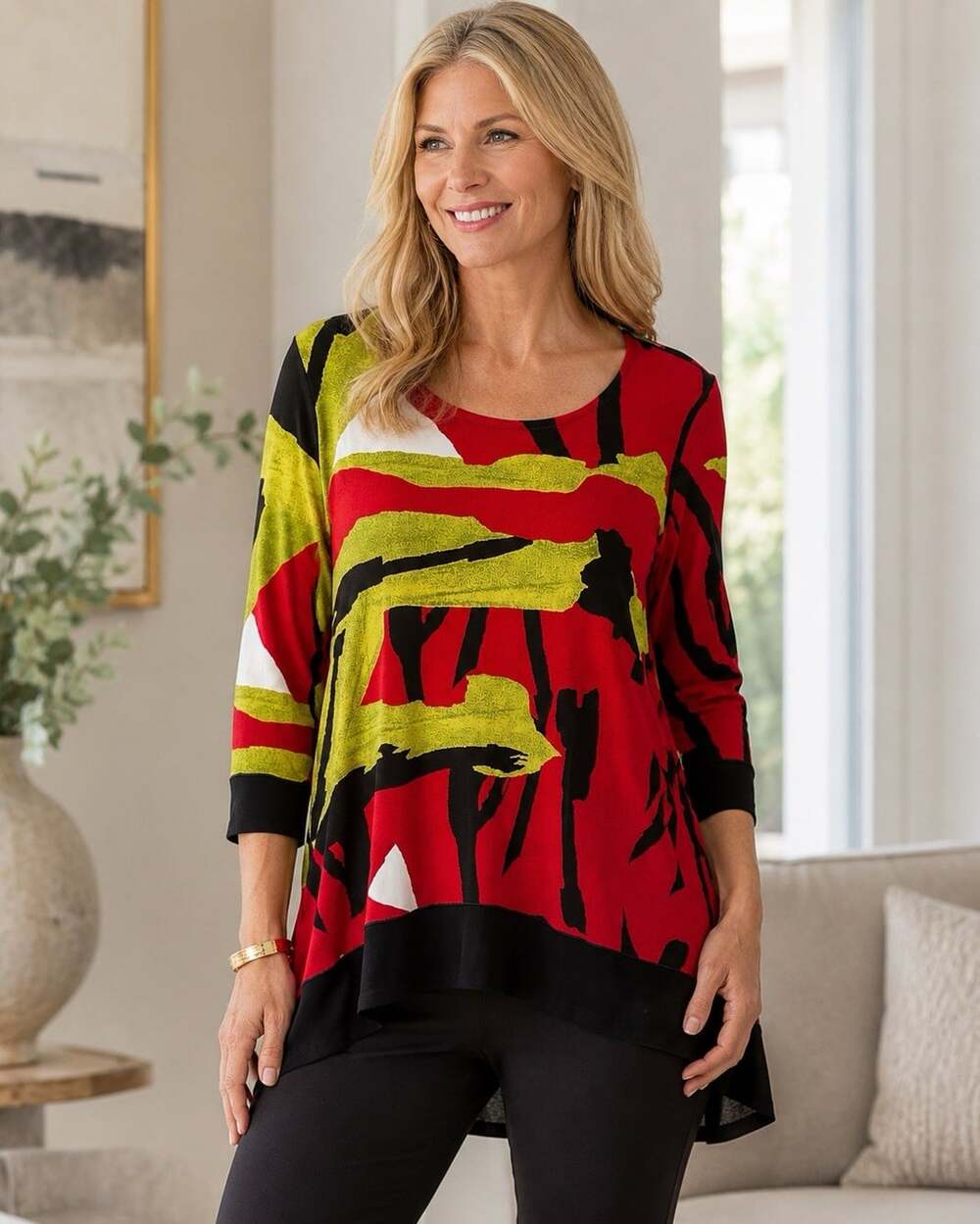Eva Varro L Stretchy Top 3/4 Sleeve Slinky Abstract Red Black Green Art Hi Low